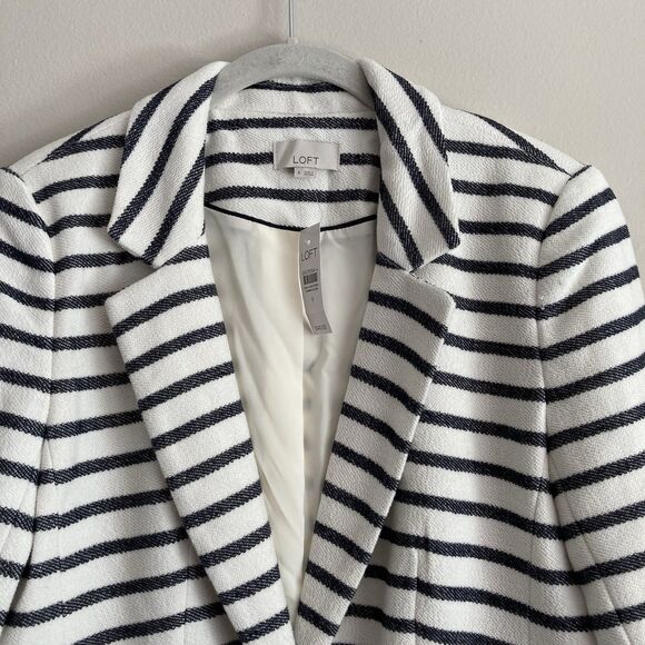 Loft Knit Blazer Jacket Womens Size 8 White Navy Striped Office Business Classic - Picture 2 of 11